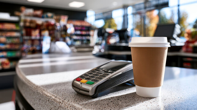 Modern gas station convenience store, fuel service and roadside travel concept. Coffee cup and payment terminal on counter in gas station convenience store with snacks and drinks in background