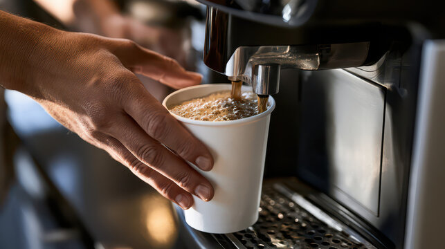 Modern gas station convenience store, fuel service and roadside travel concept. Hand of a customer filling a white paper cup with coffee from a self-service machine in a gas station convenience store