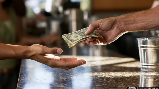 Modern gas station convenience store, fuel service and roadside travel concept. Hands exchanging cash at a gas station convenience store counter with blurred background elements visible