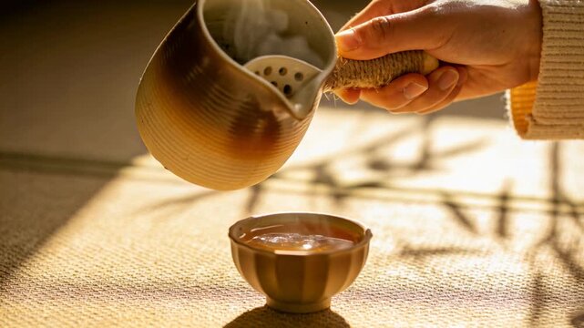 Pouring right hand tilting spouted kettle, ribbed sleeve filling teacup on woven mat making tea