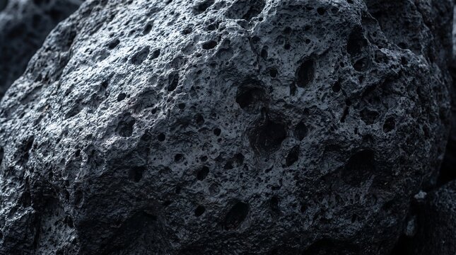 Dark porous volcanic rock texture. Close up of black basalt stone surface background.