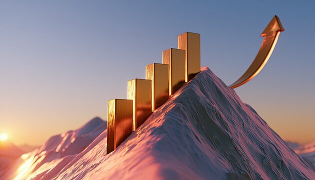Golden bar chart on snowy mountain peak with upward arrow at sunrise
