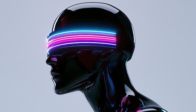 A sleek, dark figure with a glowing, futuristic visor emits vibrant neon lights