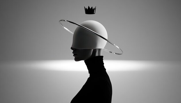 A stylized profile of a head wearing a black turtleneck, ring, and crown