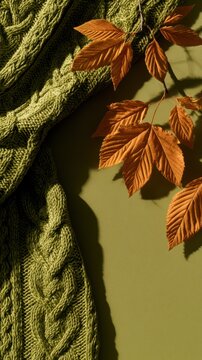 Cozy green cable knit sweater with orange autumn leaves on olive background for seasonal styling