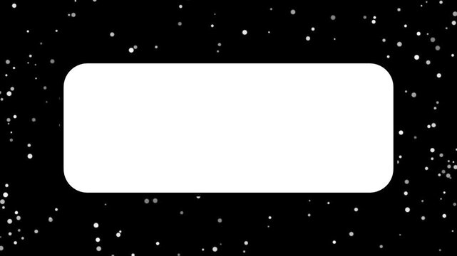 Smooth animation of floating white particles on a black background with a central white rounded rectangle frame for copy space. Calm falling snow or starry night minimal template concept