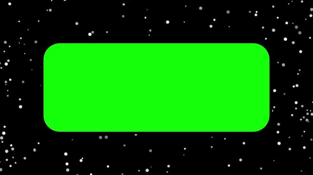 Smooth animation of floating white particles on a black background with a central green screen rounded rectangle for chroma key. Calm starry night or falling snow video template concept