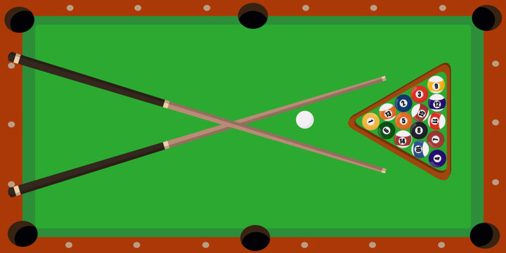 Professional billiard table featuring crossed pool cues, cue ball and racked numbered balls. Ideal for sports posters, billiard club branding, tournaments, mobile games and recreational design project