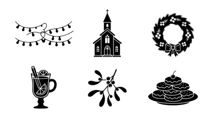 Fototapeta premium Set of black Christmas holiday icons including string lights, church building, festive wreath, mulled wine, mistletoe branch, and stack of cookies for seasonal graphic design projects isolated on