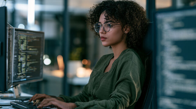 Woman Coding on Multiple Computer Screens in Office