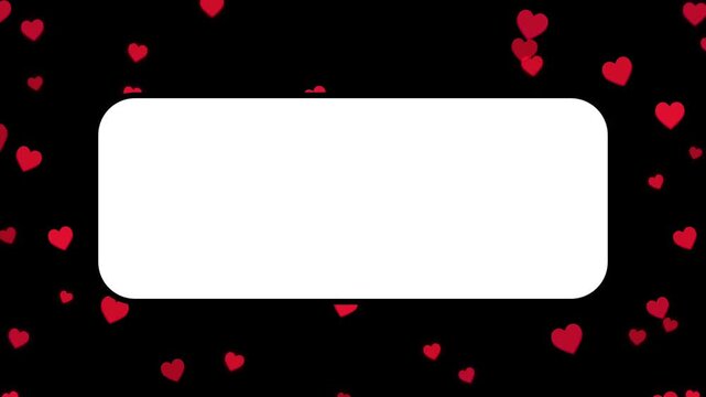 animation of gently falling red hearts on a black background, featuring a central blank white rounded rectangle for copy space. Calm romantic Valentine's day template concept