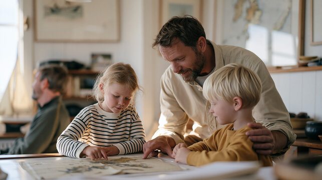 A marine navigation instructor works at a minimalist studio chart table teaching Welsh place names to his young daughter and son using ancient coastal maps, the heritage language