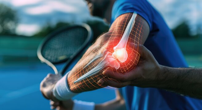 Athlete?s injured elbow highlighted with glowing orange bone overlay