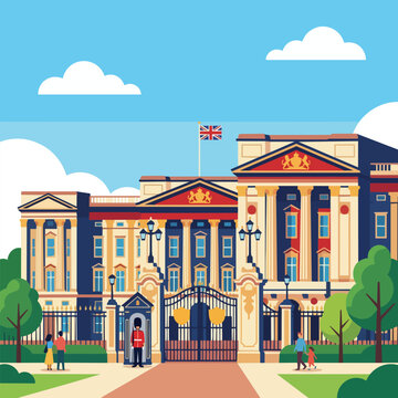Vector style, flat design, the majestic facade of Buckingham Palace with a royal guard wearing a traditional bearskin hat standing at attention, cheerful vibrant colors, clean vector shapes