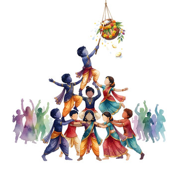 Indian festival Janmashtami and dhai handi celebration on background.
