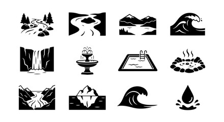 Fototapeta premium Water Landscape Icons Set: River, Waterfall, Ocean Wave, Lake, Pool, Iceberg, Fountain
