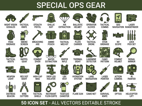 Detailed set of fifty icons featuring various tactical gear and military equipment used in special operations training and combat scenarios