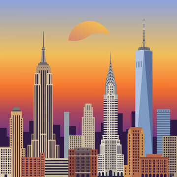 Vector style, flat design, the iconic New York City skyline featuring the Empire State Building, Chrysler Building, and One World Trade Center against a vibrant sunset gradient, clean lines, minimalis