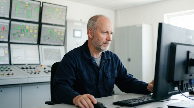 Control room operator monitoring industrial processes on computer screens. Male technician working in cement plant command center