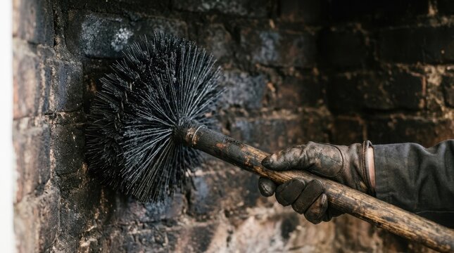 Close up of chimney sweep brush cleaning soot from brick fireplace. Hand in dirty leather glove holding wire brush