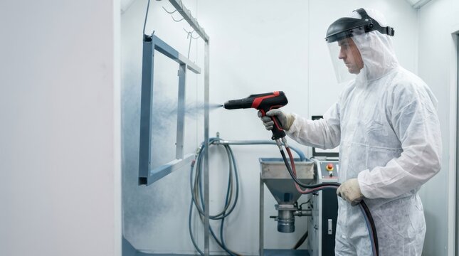 Worker in protective suit applying powder coating with an electrostatic spray gun. Industrial surface finishing process on a metal frame