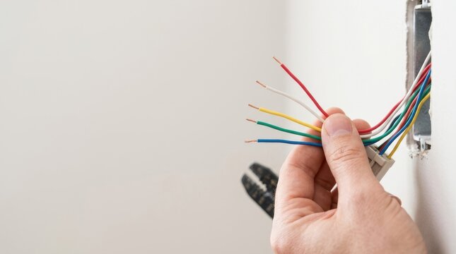 Hand holding color coded thermostat wires. Stripped electrical wiring for HVAC installation. Smart home thermostat connection concept