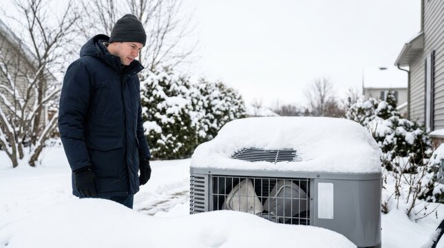 Man looking at snow covered heat pump outdoor unit. Winter HVAC maintenance and heating system check. Cold weather home utility concept