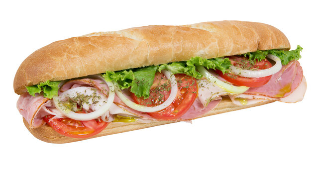 Hearty sub sandwich with ham turkey lettuce tomato and onion, isolated on transparent background