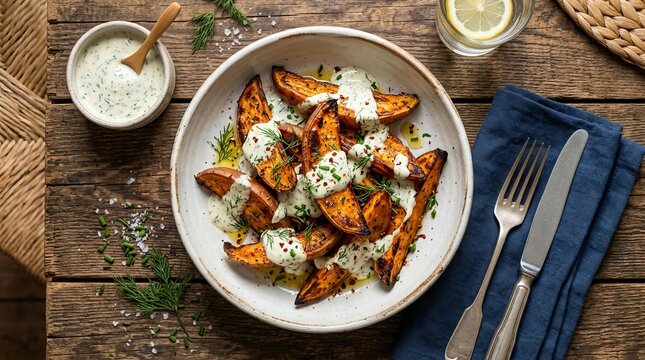 Delicious roasted sweet potato wedges with creamy herb sauce on rustic wooden table