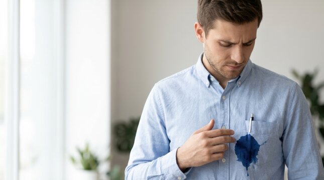 Man looking at a leaked pen ink stain on his shirt pocket. Disappointed businessman with ruined blue dress shirt