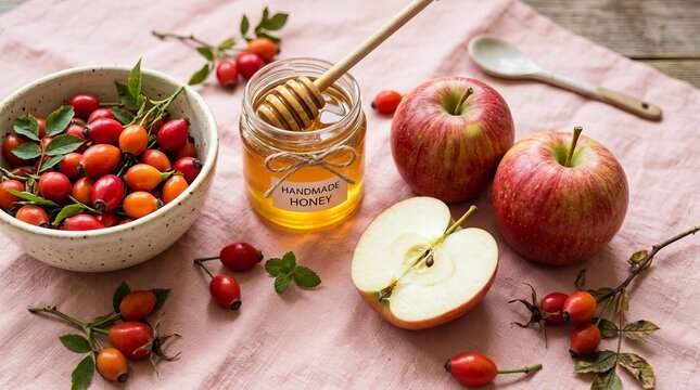 Freshly harvested apples and rosehips with a jar of golden honey, a healthy and natural autumn bounty.
