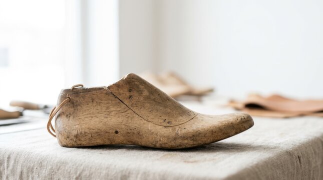 Vintage wooden shoe last on workshop table. Traditional foot form for shoemaking and leather craft