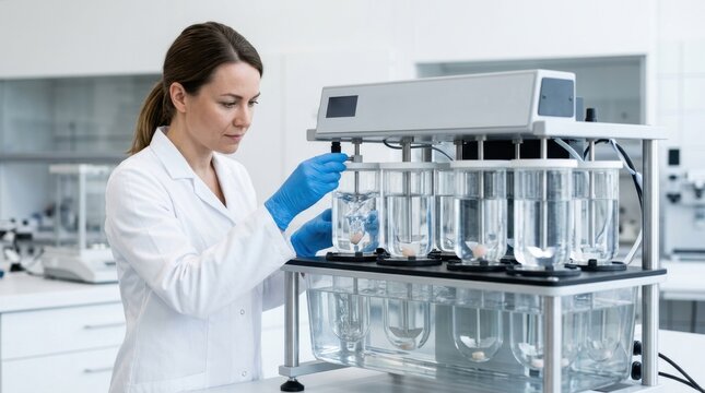 Female scientist operating tablet dissolution testing apparatus in laboratory. Pharmaceutical researcher conducting quality control test on medicine