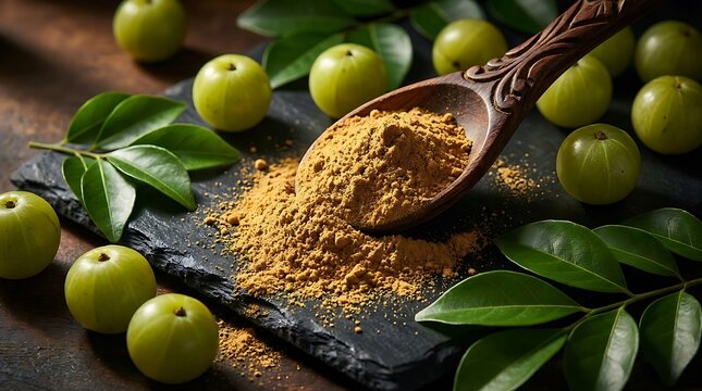 Amla powder in a wooden spoon with fresh green amla fruits and leaves on a dark stone surface/ mla powder