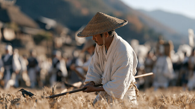 A birdscarer in a winter wheat field pauses mid-work as a festive village procession in elaborate cultural costume passes along the lane beside him, the candid crowd scene