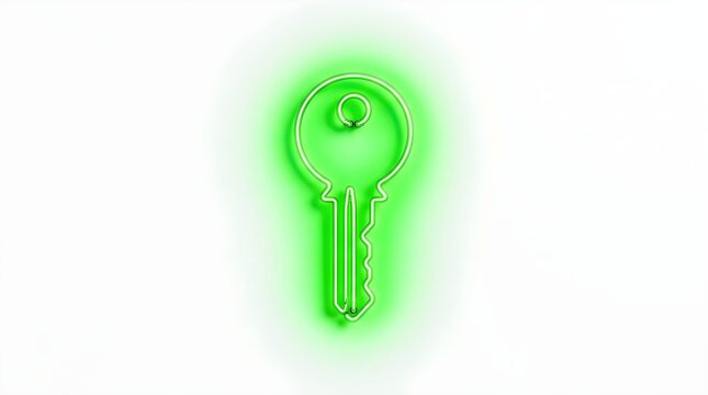 Glowing green key icon representing access, security, and solutions, with a radiant aura on a white background