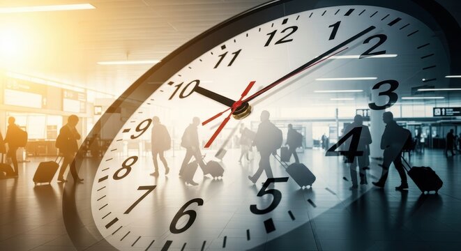 Double Exposure of Large Analog Clock and Busy Airport Terminal with Travelers and Luggage