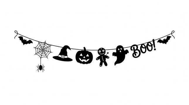 Halloween garland banner with pumpkin, ghost, witch hat, spider web, voodoo doll, and BOO text isolated on white background