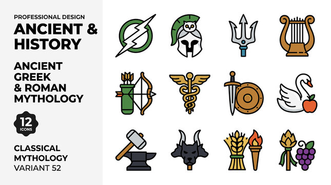Ancient Greek And Roman Mythology Icons Including Zeus Bolt And Athena Helmet