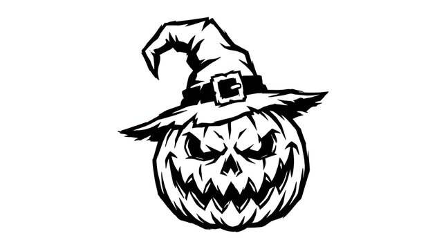 Evil Halloween pumpkin with witch hat scary jack o lantern vector illustration isolated on white background