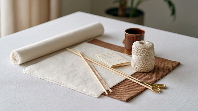 Delicate kite-building materials &mdash; tissue paper, balsa spars, and a sewing kit &mdash; arranged flat in close-up against a pure white surface, a small folded note labeled with daily