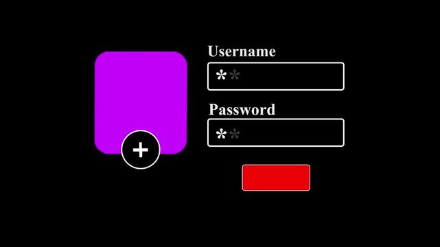 Login Form UI Animation with Cursor Clicking Username and Password Fields, Typing Effect, and Continue Button Press for Authentication, Website and App Interface Design. 4k video..