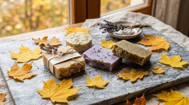 Artisanal soaps and dried lavender nestled among vibrant autumn leaves on a marble surface.