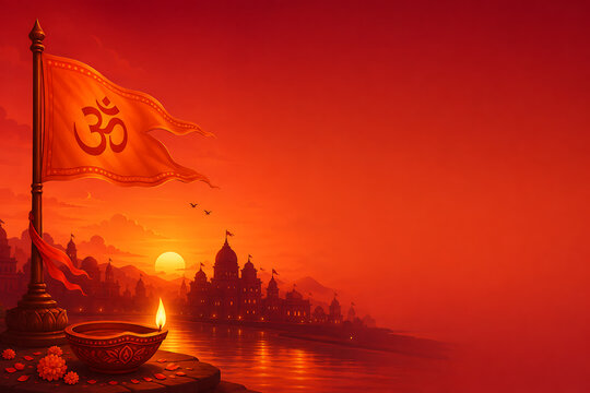 Saffron Om flag waving above a glowing diya beside riverside temples at sunset, creating a Hindu devotional background with expansive red copy space for greetings.