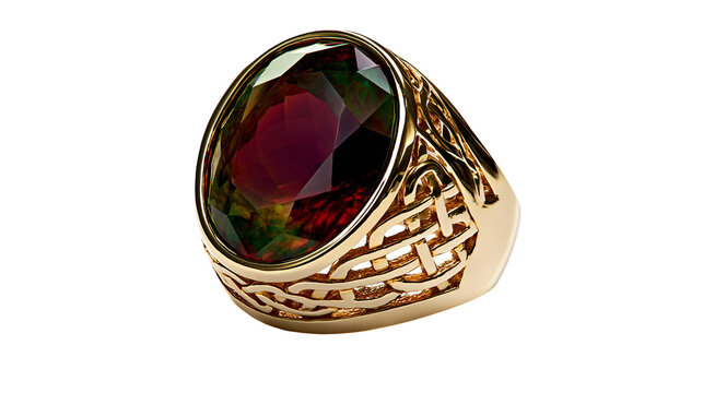 Oval faceted mystic topaz gemstone set in ornate gold Celtic knot ring, isolated on transparent background