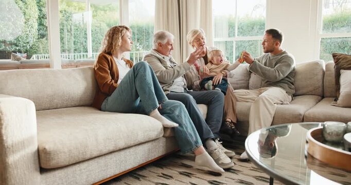 Grandparents, parents and relax in home with baby, love and support for bonding together. People, playing and toddler in lounge with toys, nuturing childcare and family interaction for weekend break
