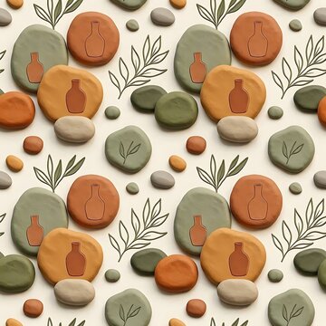 Modern 3D render seamless pattern featuring clay organic blobs and smooth river stones in soft pastel earth tones. Perfect for trendy packaging, soft branding, and contemporary background.