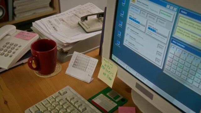 Retro computer monitor displaying vintage operating system interface on wooden office desk with floppy disk and mug. Ideal for nostalgic corporate videos or historical technology documentaries
