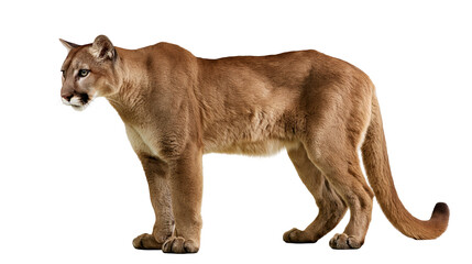 Majestic cougar with tawny fur standing alert, isolated on transparent background © Finn
