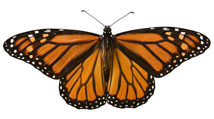 Orange monarch butterfly with black veins and white spots, isolated on transparent background © Finn